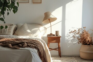 Lamp on bedside table furniture cushion bedroom.