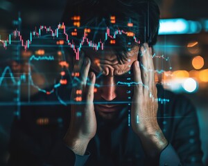 Portrait of investor holding head in hands with fragmented digital stock charts, emphasizing personal financial impact