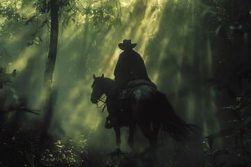 Fototapeta premium A cowboy in a black hat, riding a black stallion through a dense forest, with shafts of sunlight filtering through the trees and a sense of mystery