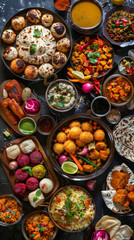 Fototapeta premium A table full of food with a variety of dishes including rice, potatoes