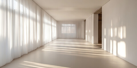 Obraz premium Ethereal Emptiness: A spacious, white-walled room, devoid of any clutter or furniture, illuminated by soft, natural light filtering through sheer curtains.