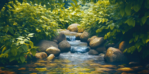 Serene Stream Sanctuary: A babbling stream flowing over smooth river stones, framed by lush greenery and gently swaying trees