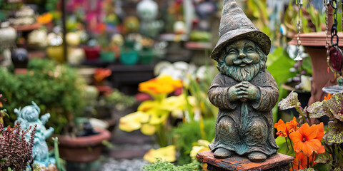 Obraz premium Urban Oasis Oddities: An urban garden, filled with unique, eclectic decor items, such as antique garden gnomes and whimsical wind chimes