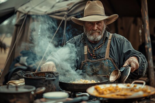 A cowboy in a traditional chuck wagon, cooking a hearty meal for his fellow cowboys, with pots and pans clattering and the smell of campfire cooking
