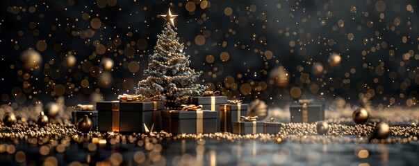 Elegant 3D render of a Christmas tree with golden presents under a starry festive background