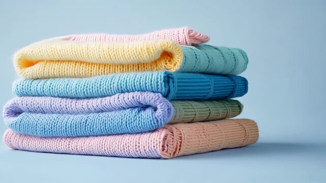Pastel knitted sweaters neatly stacked on blue background
