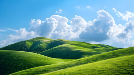Rolling Green Hills with Blue Sky and Fluffy Clouds - Photo