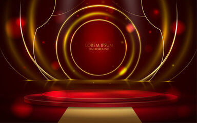 vector illustration glowing golden circle lines decorative modern and creative award banner and advertising and marketing podium elegant red luxury backdrop element.