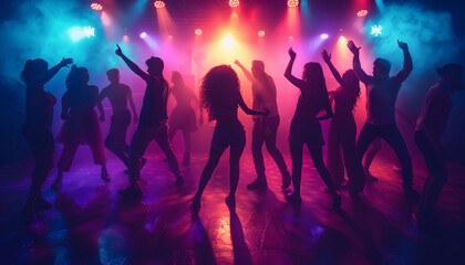 people dancing in the nightclub with subtle neon colours 