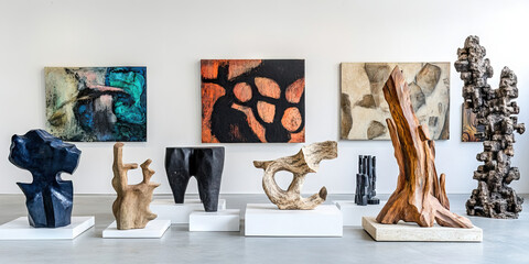 Abstract Art Arrangement: A display of abstract sculptures and paintings, arranged haphazardly against a stark white gallery wall.