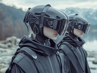Futuristic Individuals Wearing High-Tech VR Headsets in an Outdoor Setting with Mountains in the Background