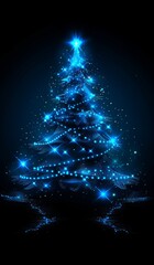 Beautiful glowing blue Christmas tree with starry lights and sparkling decorations