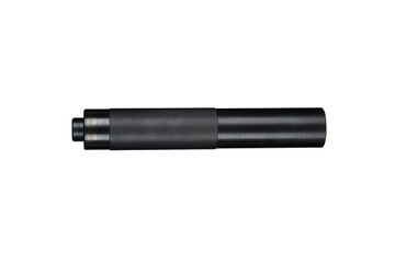 Black silencer for weapons. Suppressor that is at the end of an assault rifle. Isolate on a white back.