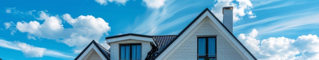 Pristine Abode: A Grand White House with Black Roof and Gable-Style Roofline, Set Against the Vivid Blue Sky of Home Exterior Aesthetics