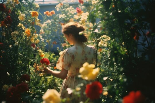 A woman in a fower garden gardening outdoors flower.