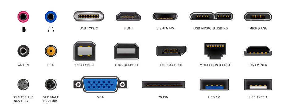 USB hand drawn MI. Type C connector. Computer cord. PC display port. TV or DVI outlet. Micro input. Network wire. Electronic interface. Audio connection socket. Mini modem. Vector 3D charger plugs set