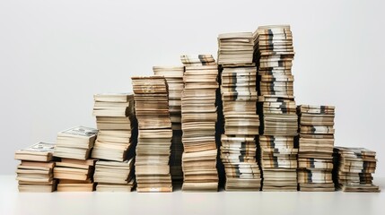 Enormous amounts of cash bills, stacked neatly, representing financial growth and savings, isolated on a white backdrop