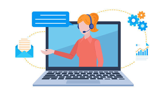 Illustration. A customer service representative is visible on a laptop screen. She has a headset. There is a speech bubble by her face. Next to it are icons of an email, a data document, and gears. 