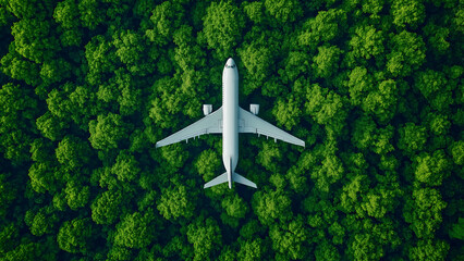 Fototapeta premium Sustainable aviation fuel concept of flight running on biofuel green energy, An aerial view of an airplane flying over green forest, the environmental impact and sustainability in the travel industry.