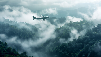 Fototapeta na wymiar An environmental sustainable biofuel concept of a white airplane flying over green trees, creating an aerial view of the aircraft and its engines against a backdrop of a dark misty, foggy rainforest