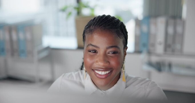 Computer, typing and black woman with smile, office and copywriting with creativity, happy and online. Digital, writer and keyboard with research and proofreading of email for company and person
