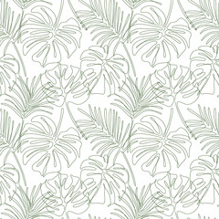 Leafs isolated illustration. Abstract continuous simple minimalist pattern with green  line drawing.