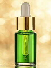 Naklejka premium Luxurious green serum bottle with golden details displayed