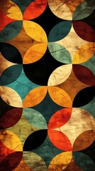 Abstract geometric pattern with textured circles in red, orange, yellow, blue, green, and black colors.