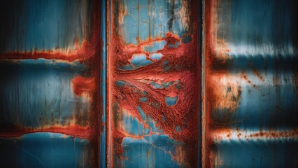 A close up of a rusty metal wall with some paint on it, AI