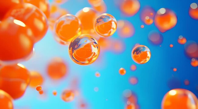 A close-up view of orange bubbles suspended in a blue liquid, creating an abstract and vibrant composition with a dynamic feel.