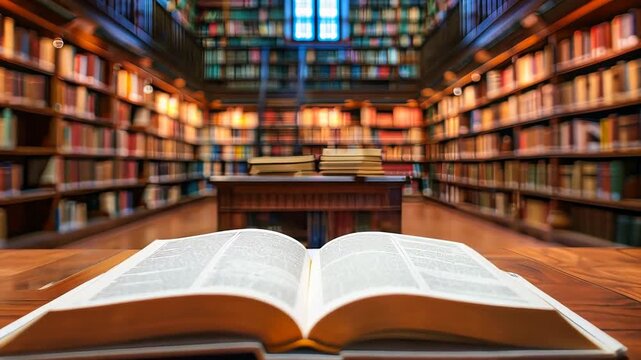 Open book in grand library with towering shelves