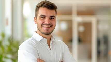 Obraz premium A man with a white shirt and a beard is smiling and posing for a picture. He is standing in a room with a window and a potted plant