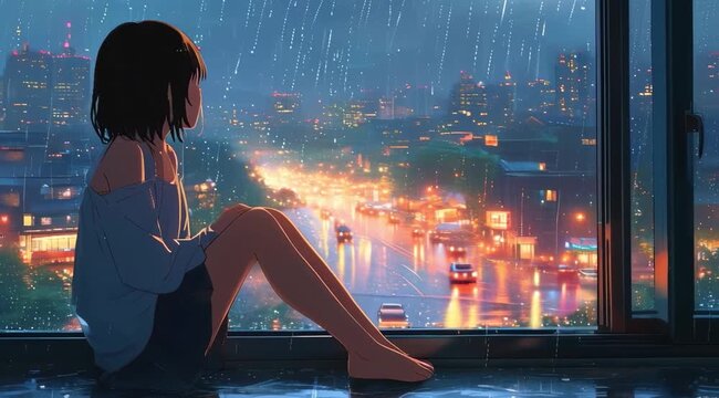 Anime Video Late Night Scene: A girl on a windowsill watches city traffic and glowing windows in skyscrapers