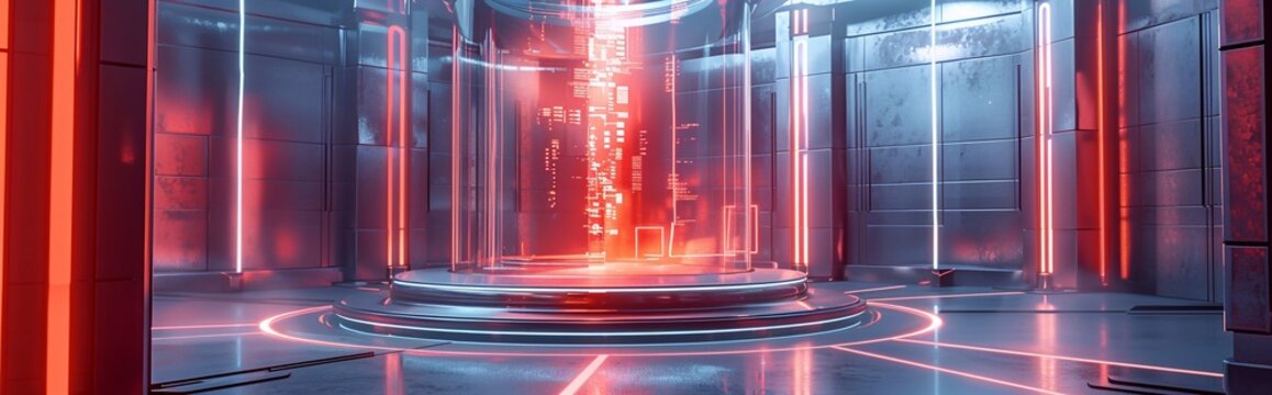 simple sci-fi style design, high-end futuristic sense. In the middle, there is a circular display stage with technological elements, decorated with light effects - Powered by Adobe