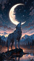 Naklejka premium A Wolf Howling at the Moon, The moon hangs low, casting a silvery glow across wispy clouds.
