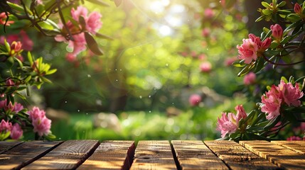 Charming Wooden Podium with Spring Background in Soft Afternoon Sun. AI generated illustration