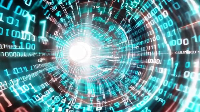 background featuring a digital tunnel with binary code spiraling through it.