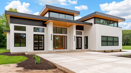 A large white house with a black roof and a black trim. The house has a lot of windows and a porch