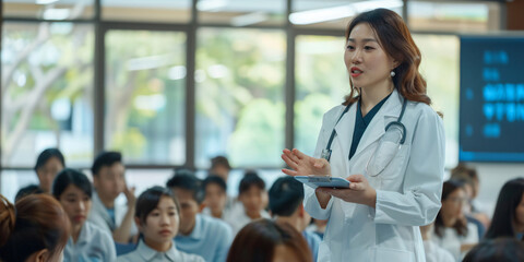 A female doctor, wearing a white coat and stethoscope, is giving a presentation to a group of people in a seminar.. asian woman
