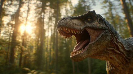 Obraz premium Roaring Tyrannosaurus Rex in Sunlit Forest
