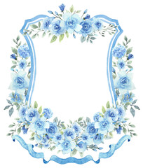 Blue Watercolor Flowers Wedding Crest template PNG. Wedding Design