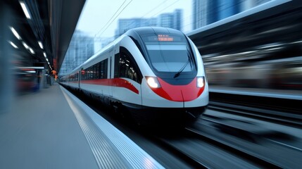 High-Speed Train Departing a Modern City Station