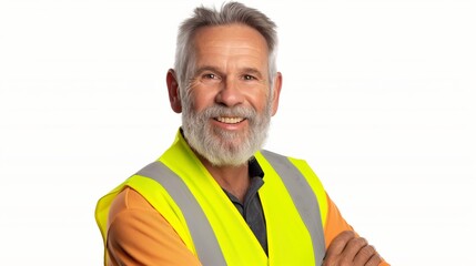 A man with a beard and a yellow vest is smiling. He is wearing a safety vest and a yellow shirt