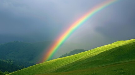 Obraz premium Rustic Cabin with Rainbow Over Green Valley