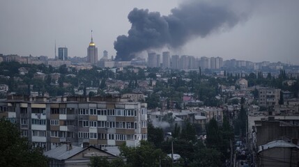 Obraz premium Smoke Rising from City Skyline in Urban Area
