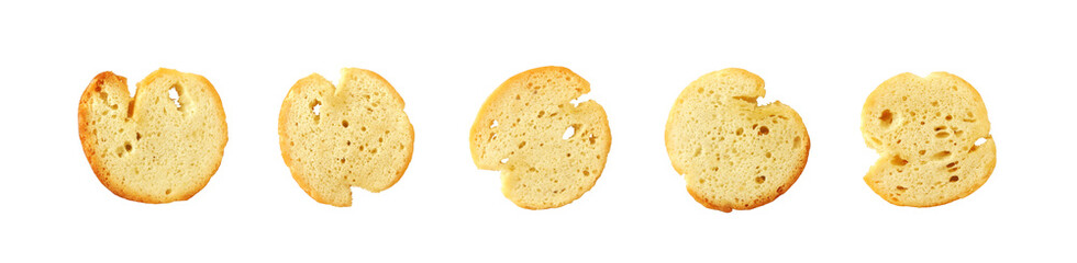 Wheat baguette croutons or bruschetta isolated on white background top view, homemade bread rusks, roasted salted baked snack     