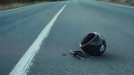 Fototapeta premium A cracked motorcycle helmet lies on the asphalt of a deserted road, a reminder of the dangers of riding.