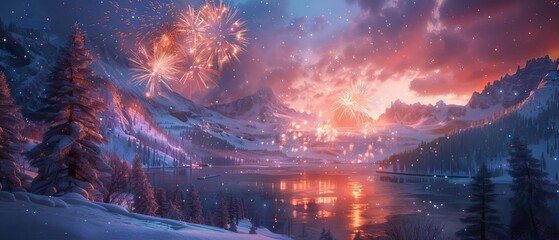 Fototapeta premium Fireworks extravaganza over a snowy mountain landscape, vivid colors against the night sky, crisp and clear, ultra-realistic, high-definition