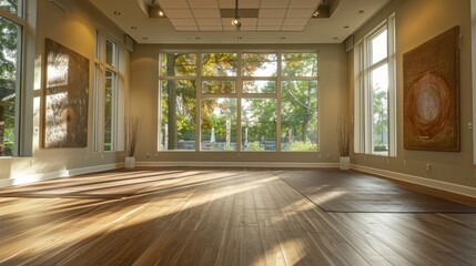 Imagine a serene yoga studio with large windows letting in natural light.