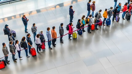 Naklejka premium A long line of people patiently wait at a security checkpoint, their luggage lined up behind them.
